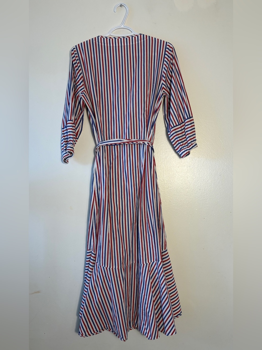 J. Crew Striped Tie Waist Cotton Shirt Midi Dress Size 4 Blue Red White Casual - Picture 3 of 11